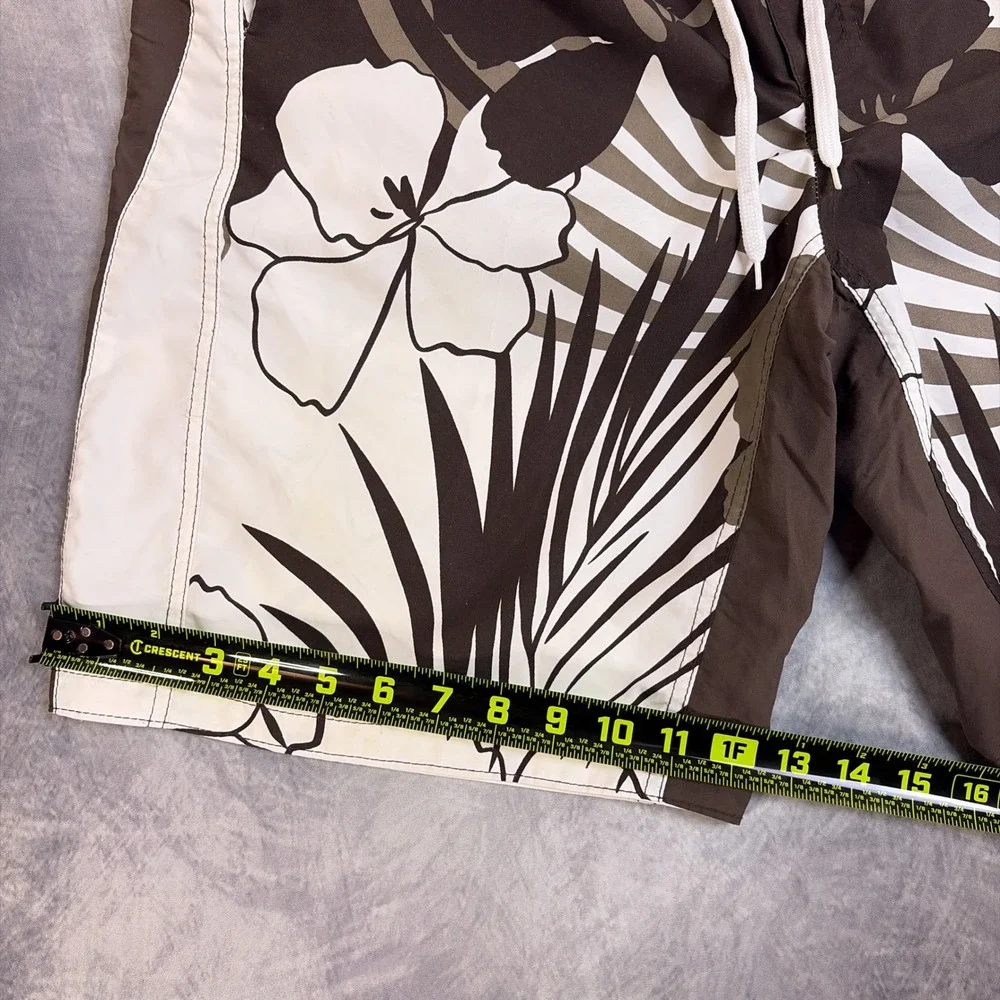 Slick Mens Tropical Floral Board Shorts Brown White Mesh Lined Swim Trunks L